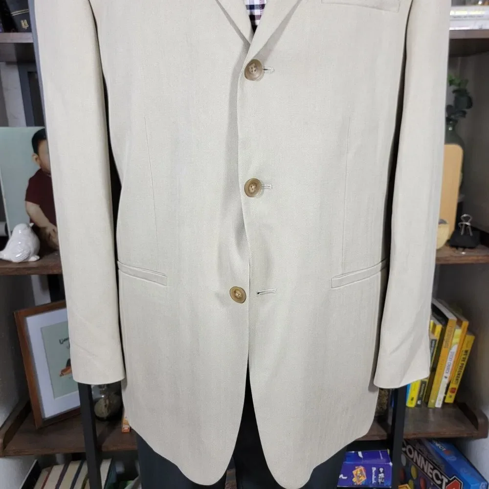 Geoffrey Beene Men's Sport Coat‎ Blazer Three Button Beige Herringbone Silk 41R